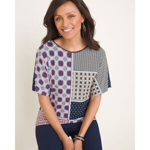 Chicos Blouse Womens Blue Geometric Mandala Classic Boho Patchwork Size 2 L